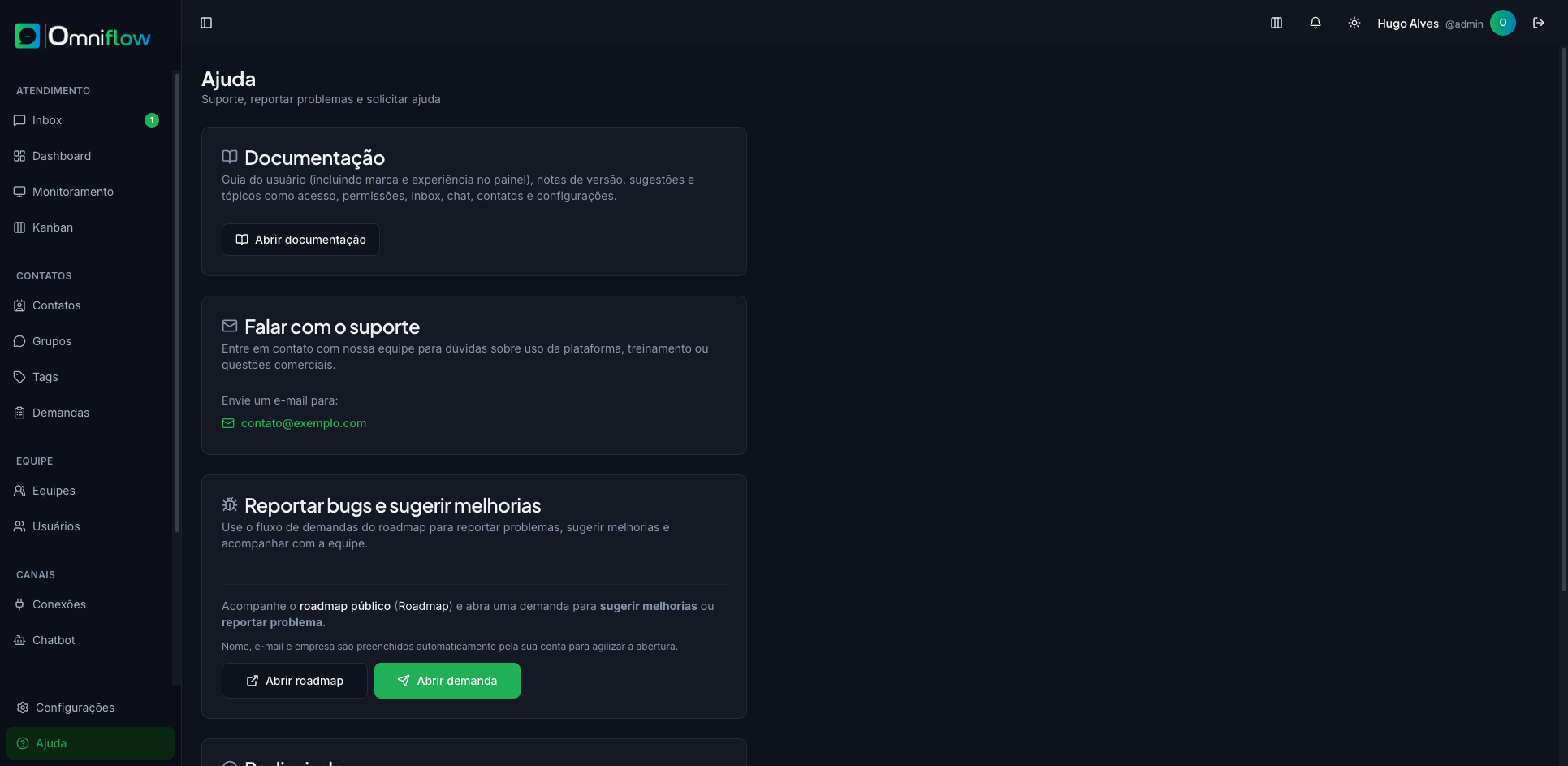 Ajuda: documentação, suporte e roadmap
