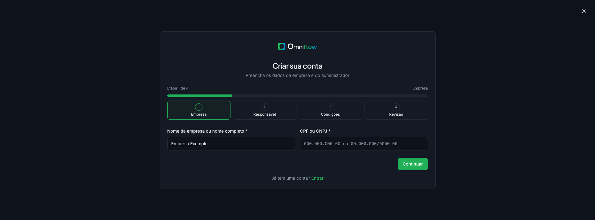 Cadastro — etapa 1, dados da empresa