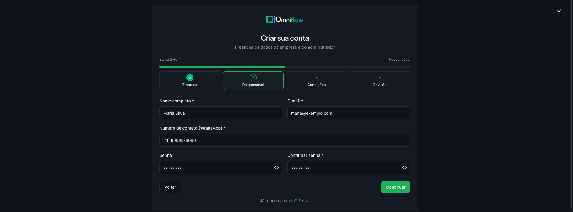 Cadastro — etapa 2, dados do responsável