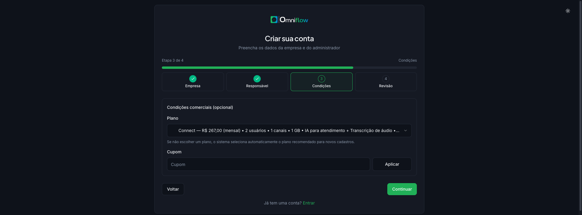 Cadastro — etapa 3, plano e cupom