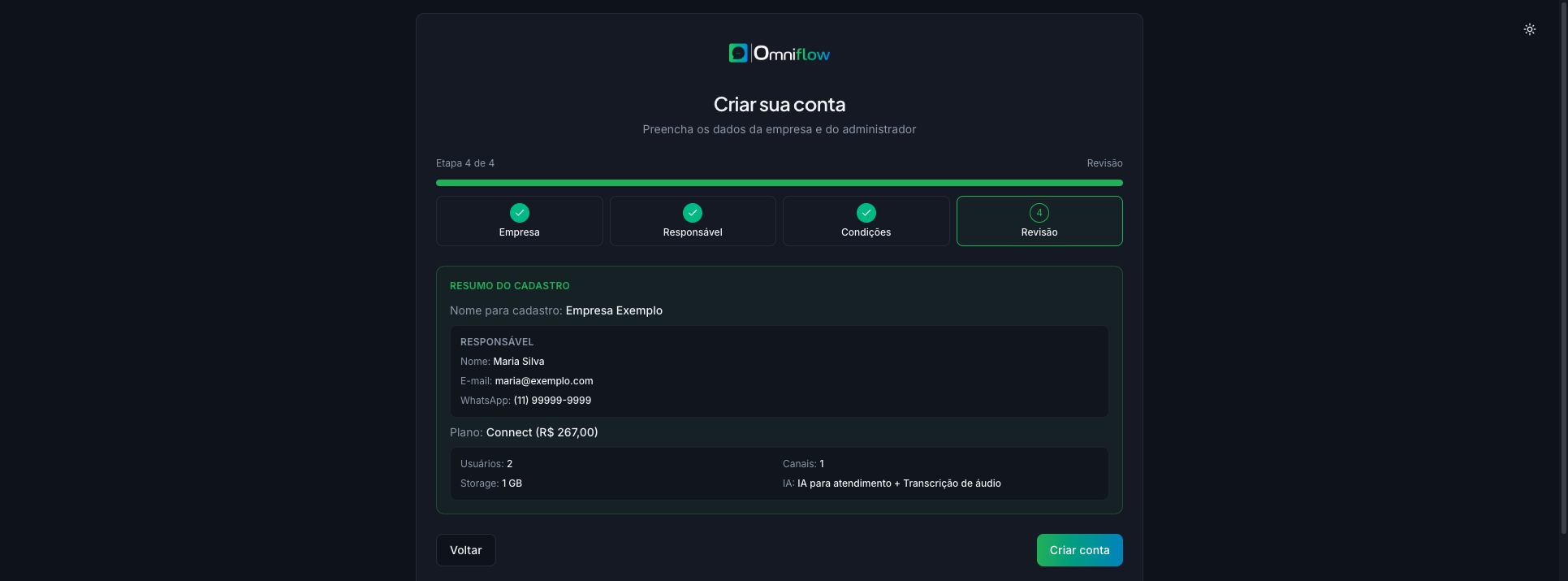 Cadastro — etapa 4, revisão e botão Criar conta