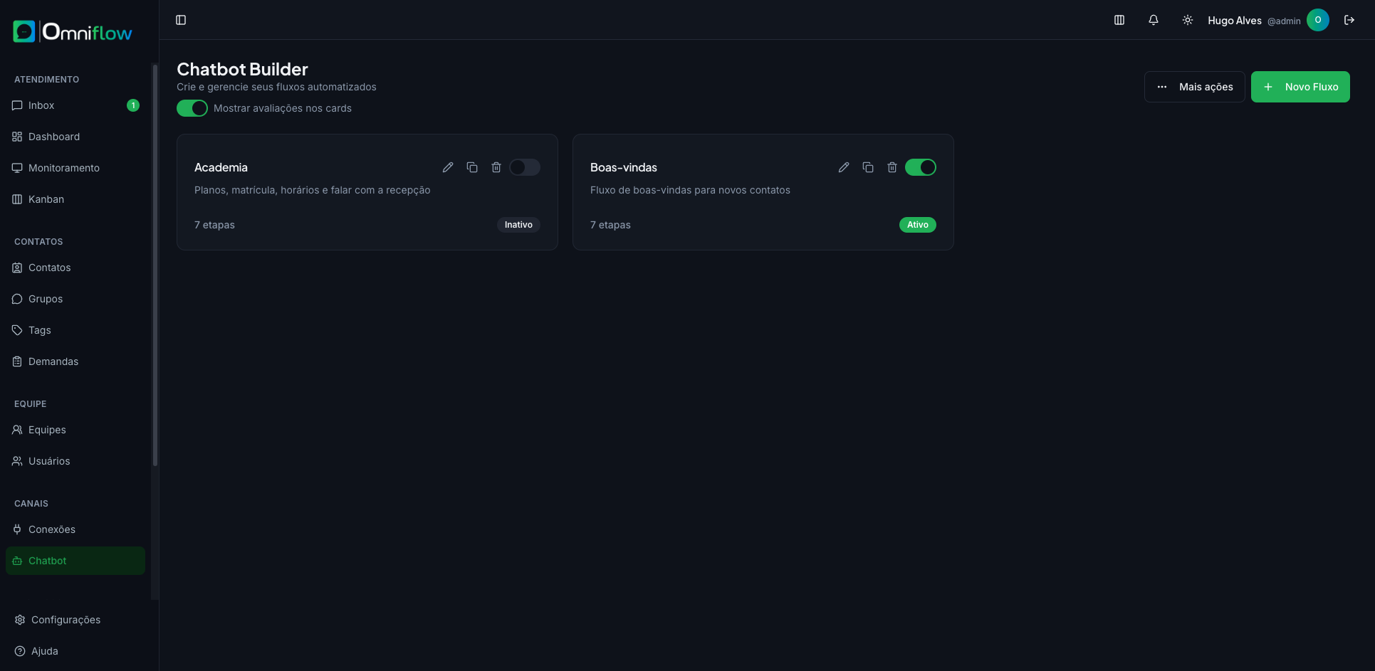 Lista de fluxos no Chatbot Builder