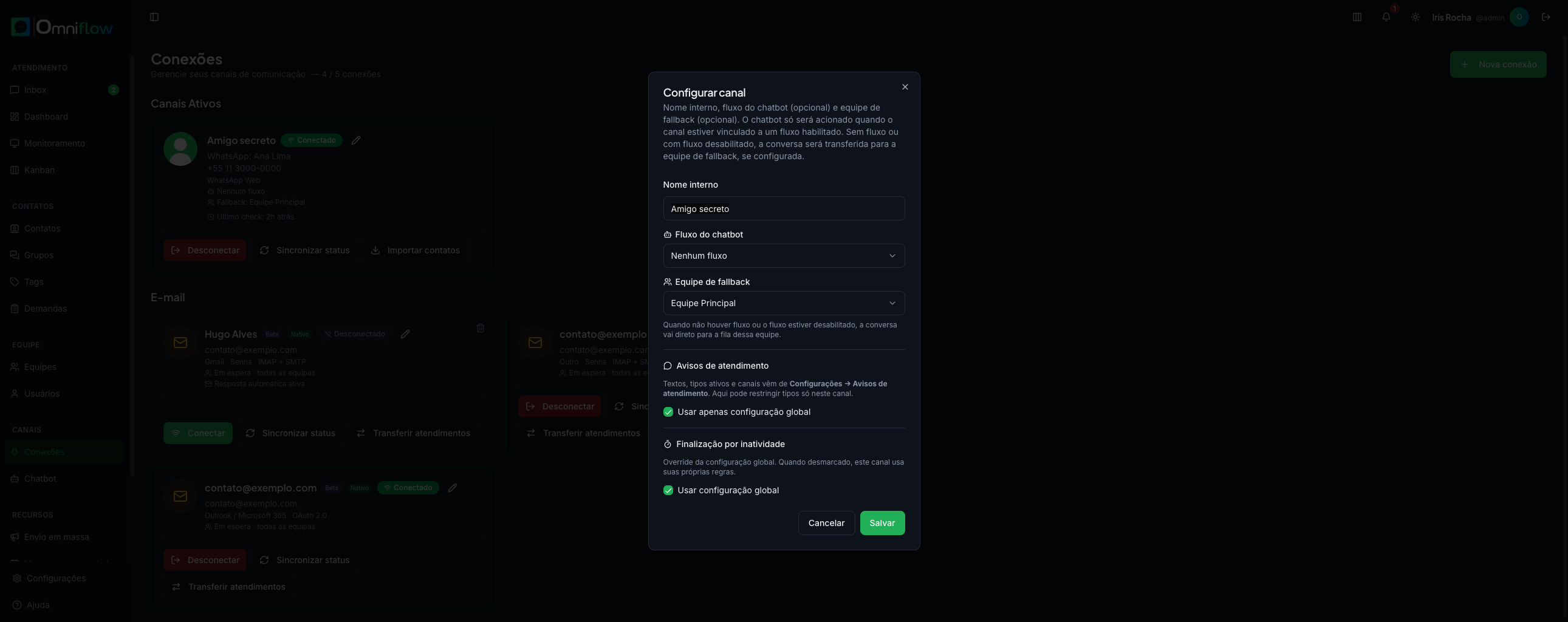 Configurar canal: nome interno, fluxo, fallback e avisos