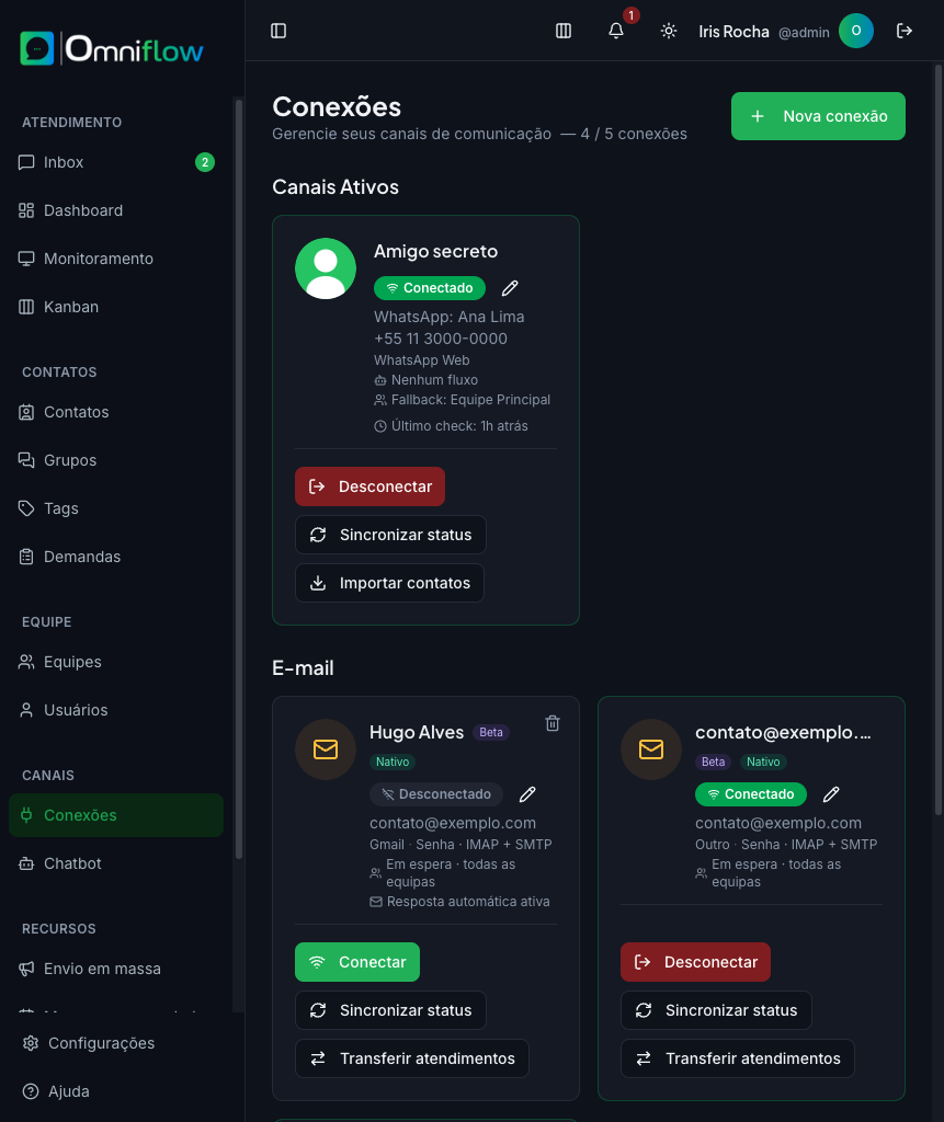 Lista de conexões com Nova conexão, WhatsApp e e-mail