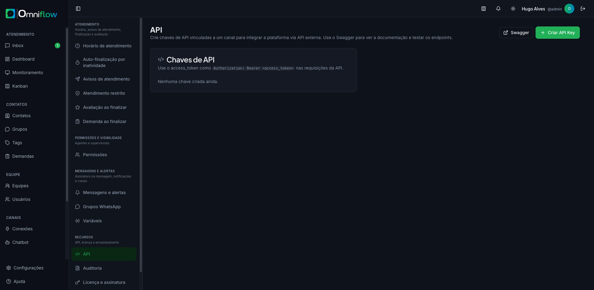 Lista de chaves de API (vazia até criar)