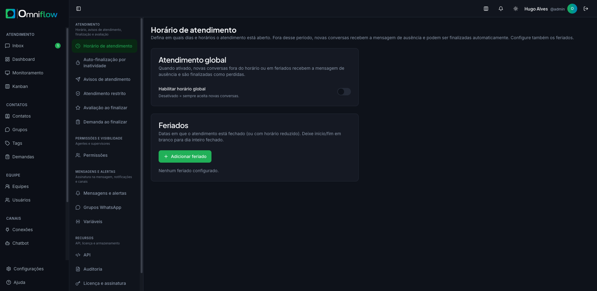 Horário de atendimento e menu interno de Configurações