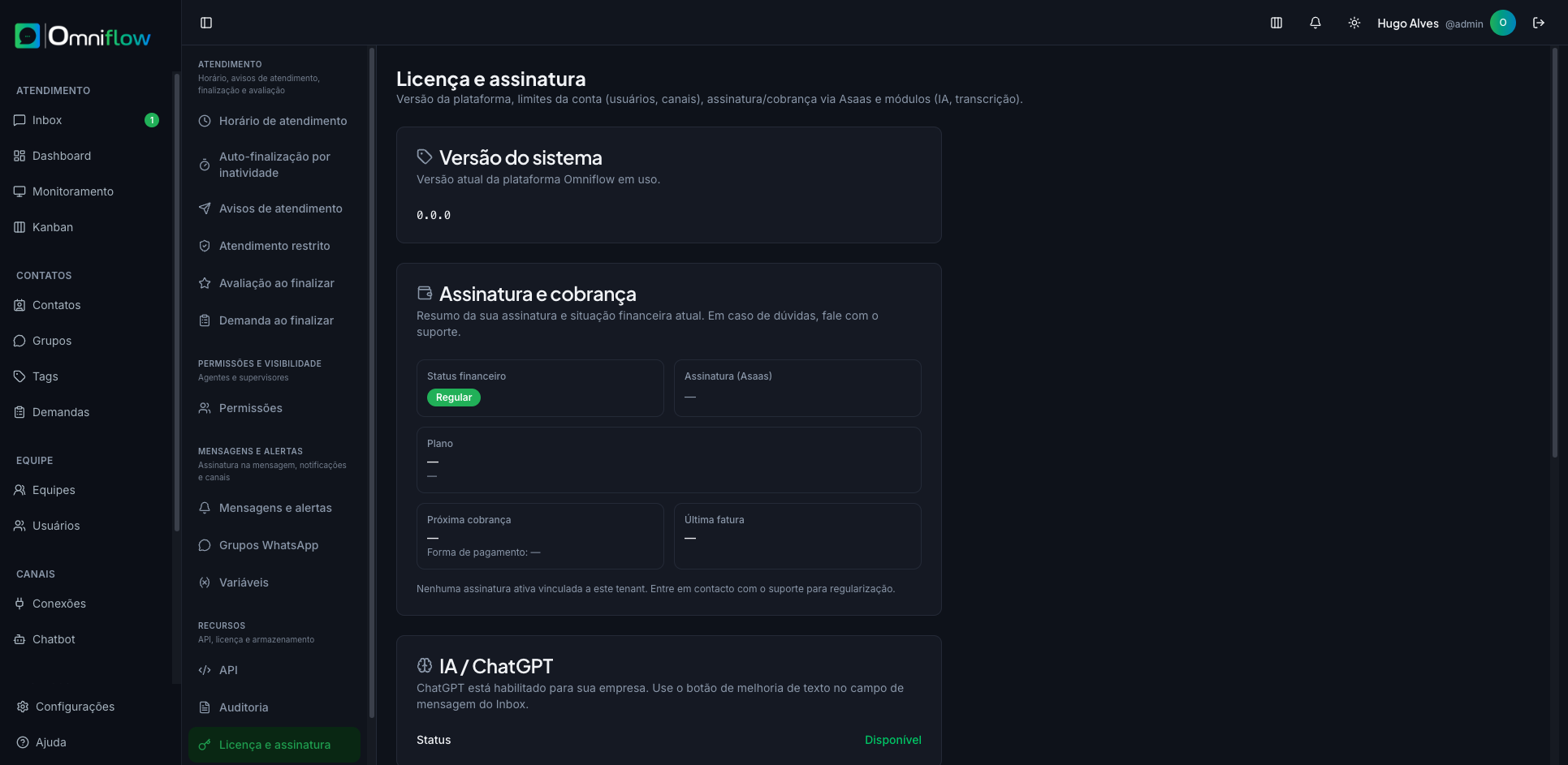 Licença: versão e cobrança (sem fatura aberta)