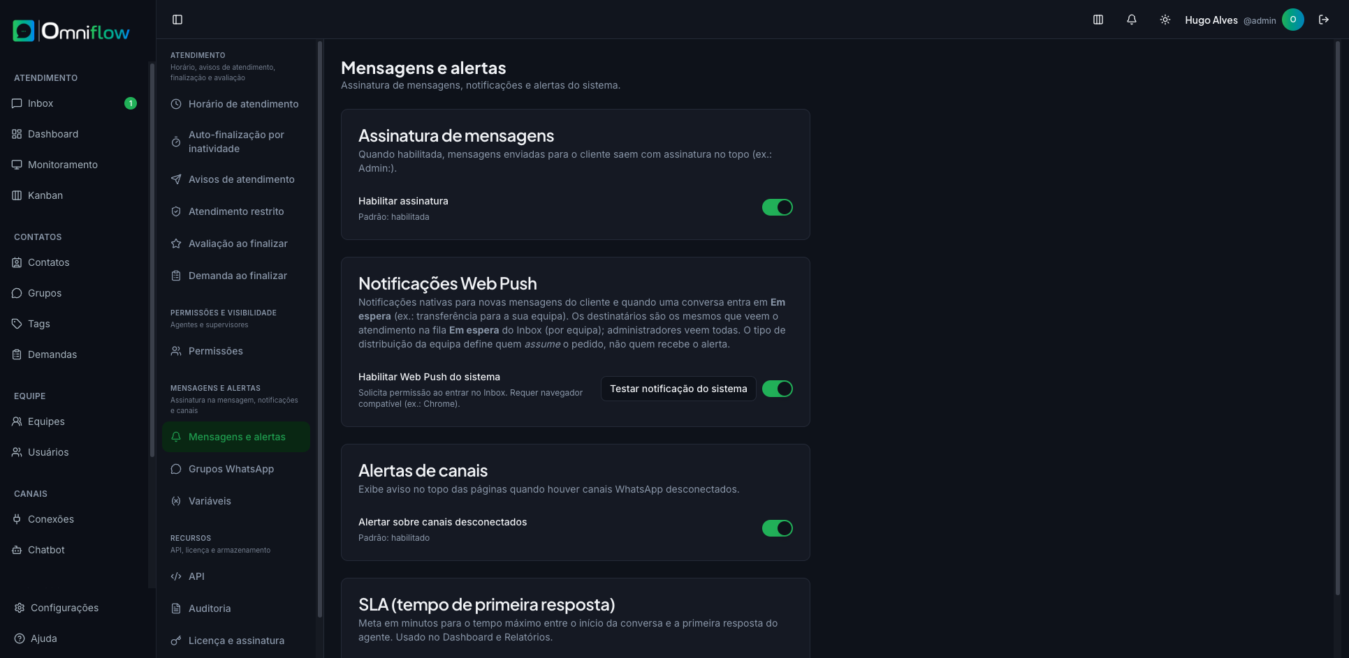 Assinatura, Web Push, alerta de canais e SLA