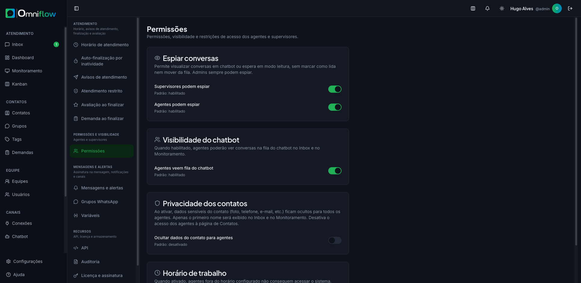 Permissões: espiar, fila do chatbot, privacidade e horário do agente