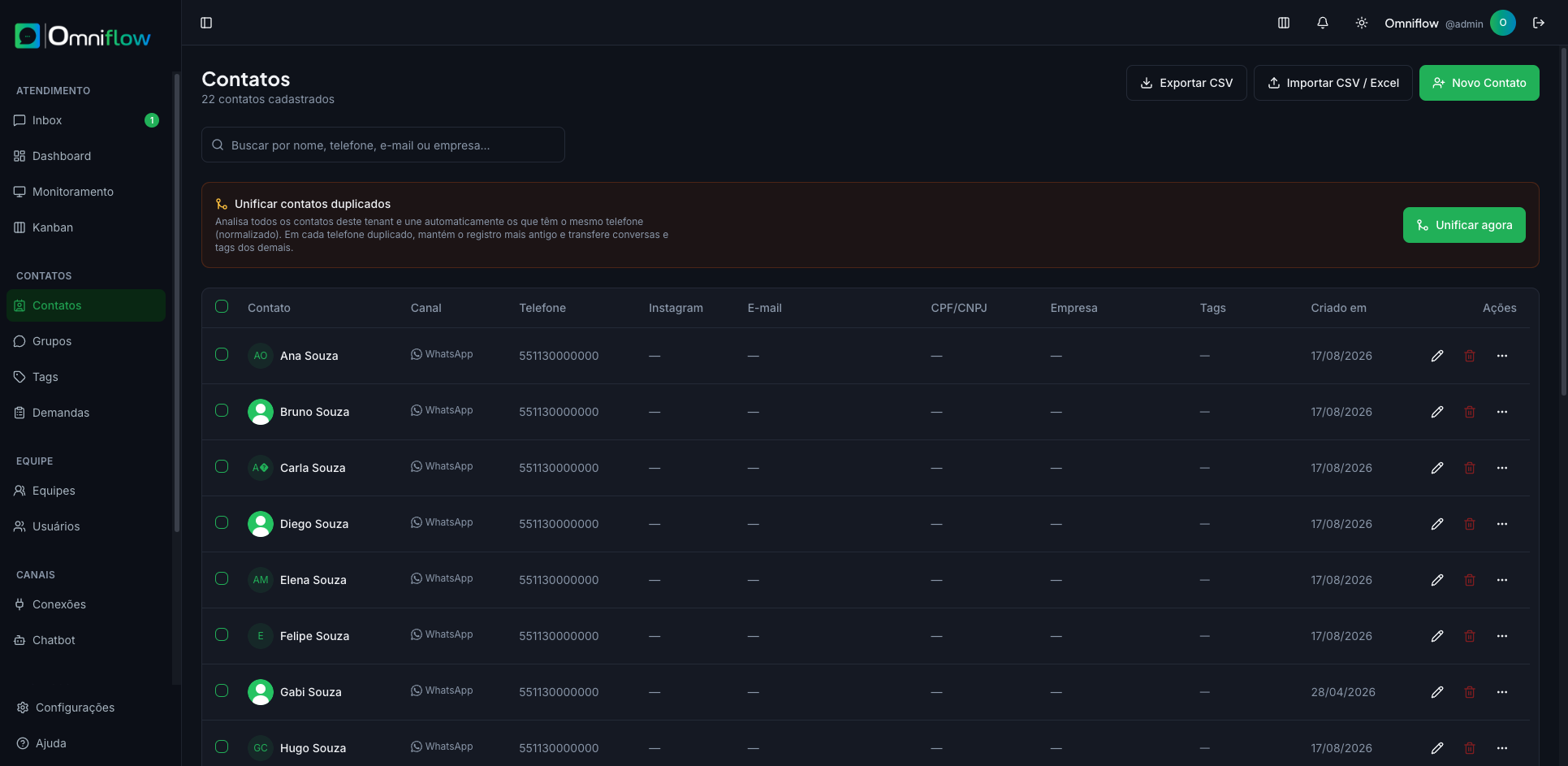 Lista de contatos com busca, importação e novo contato