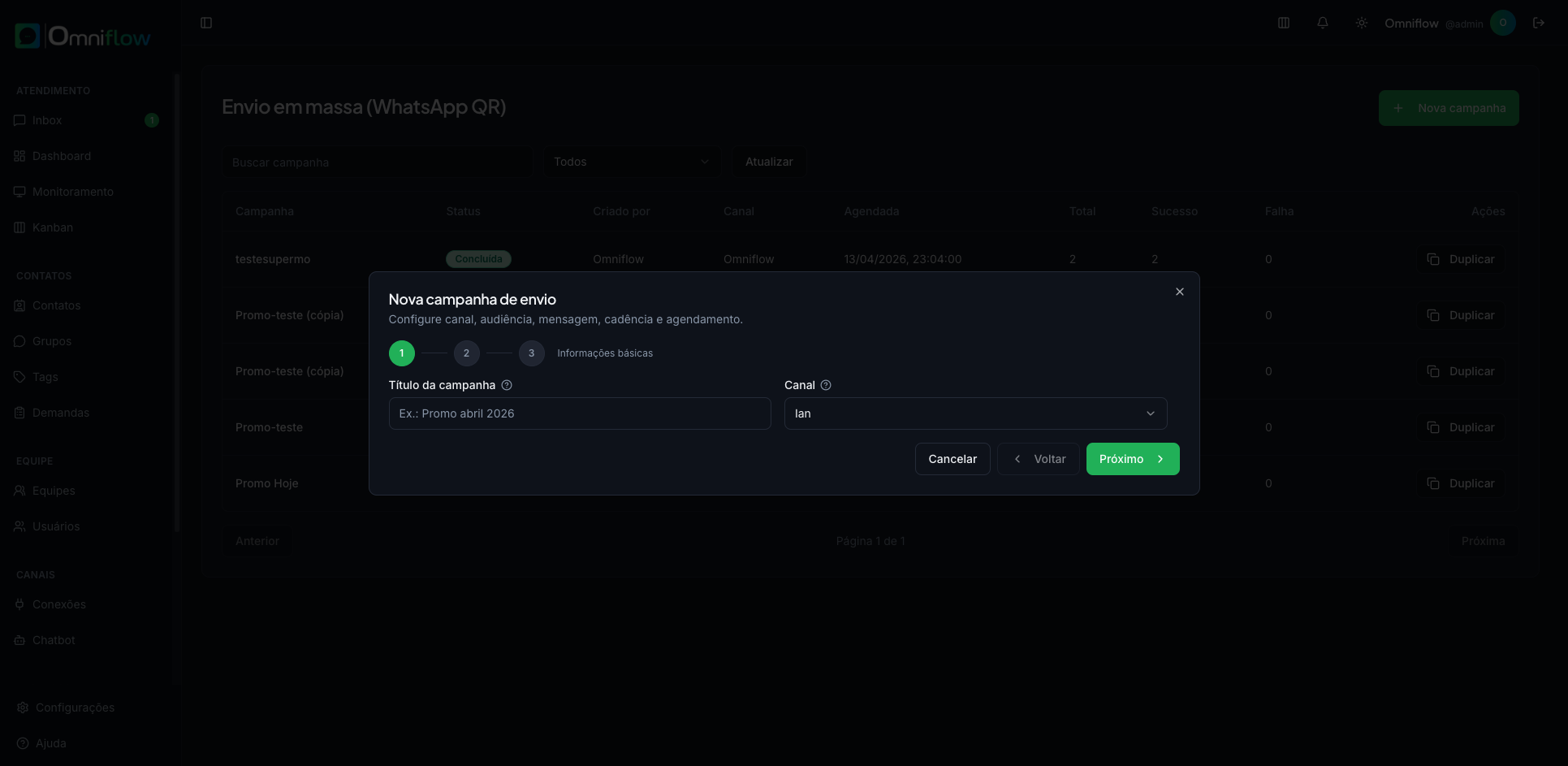 Nova campanha: título e canal (passo 1)