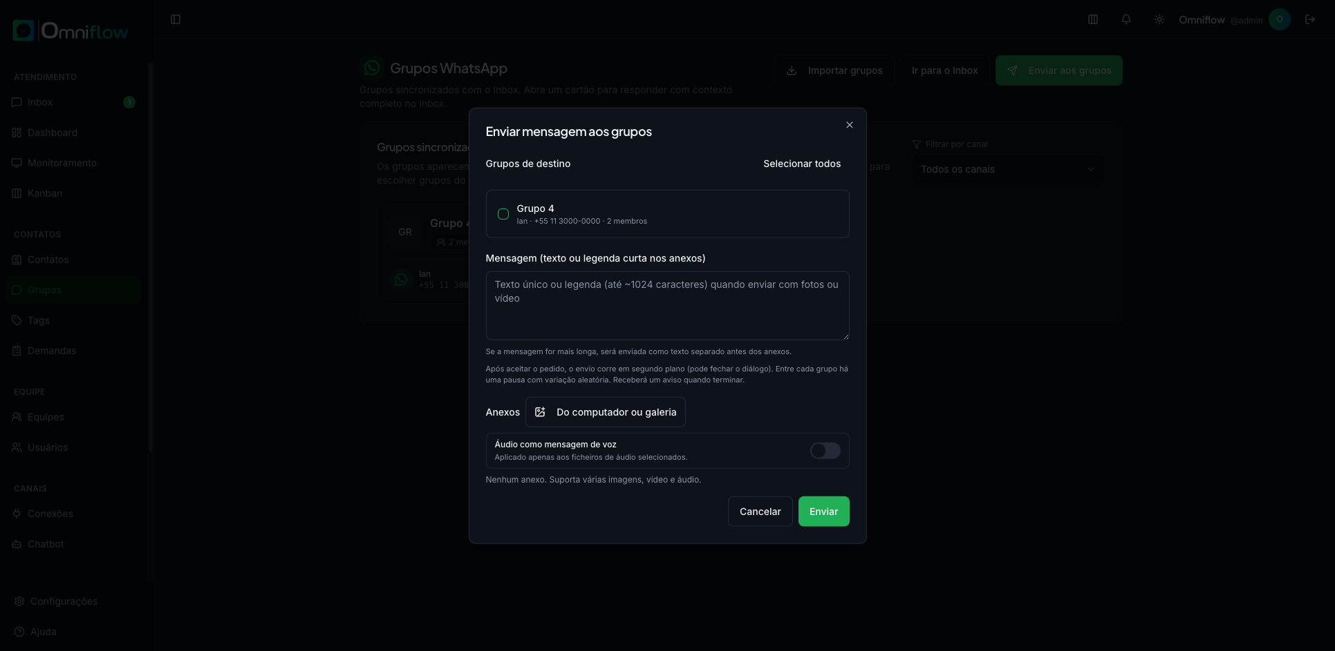 Diálogo Enviar mensagem aos grupos