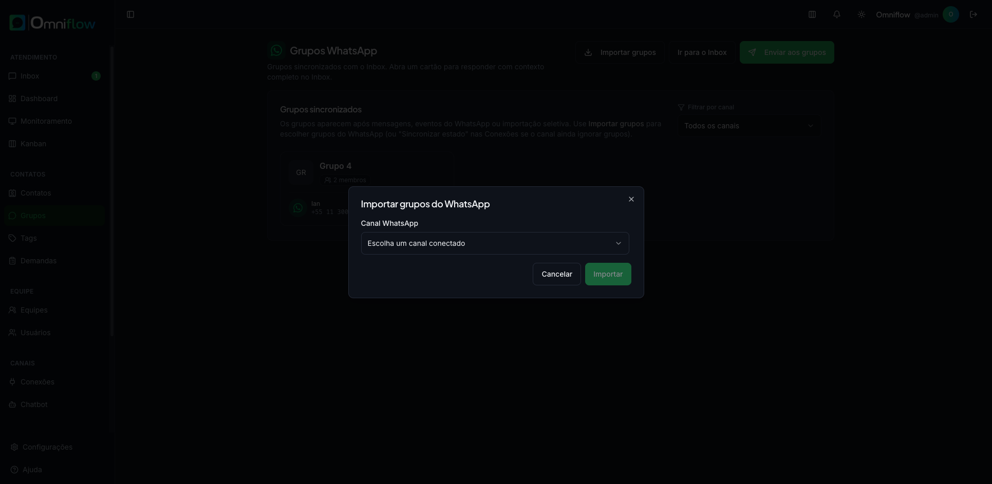 Diálogo Importar grupos do WhatsApp