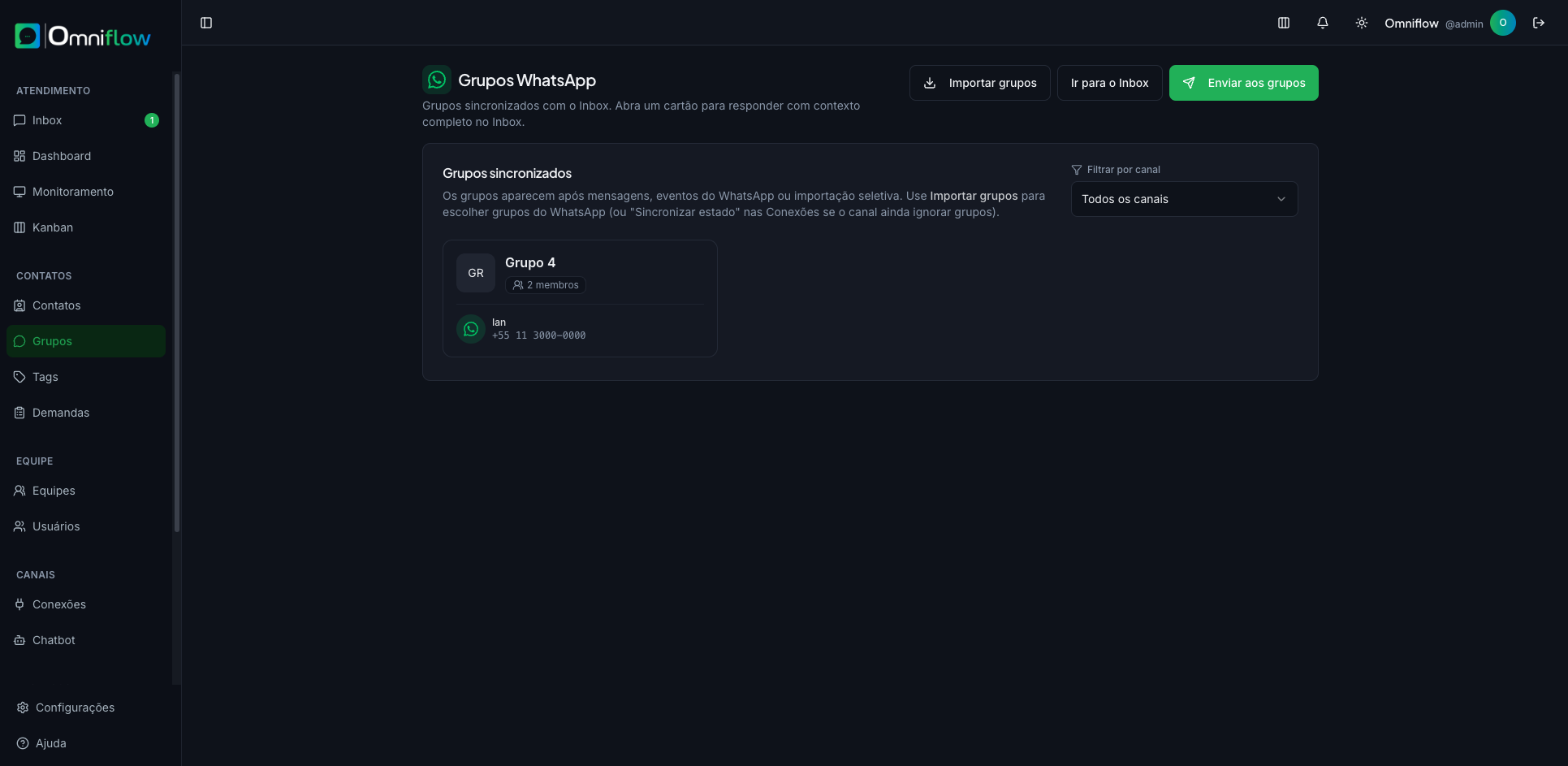 Página Grupos WhatsApp, com cartões sincronizados