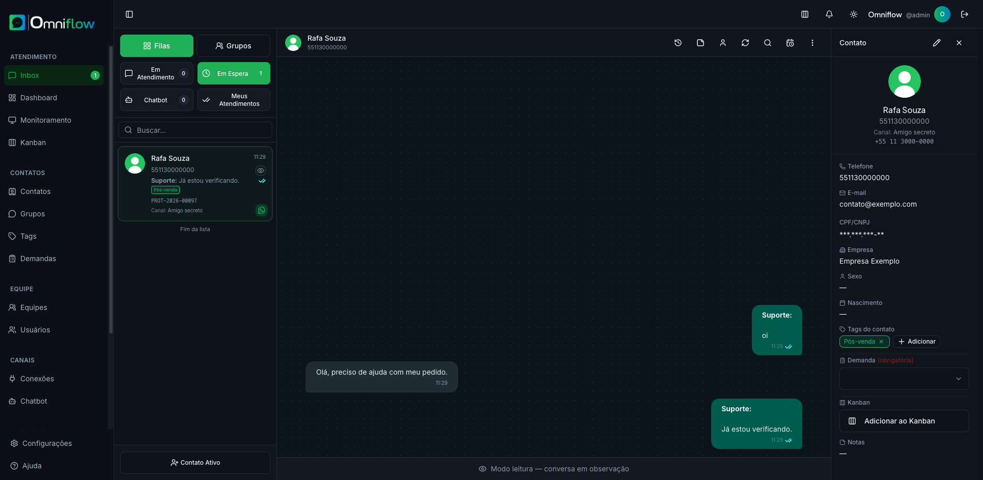Conversa aberta no Inbox, com chat e ficha do contato