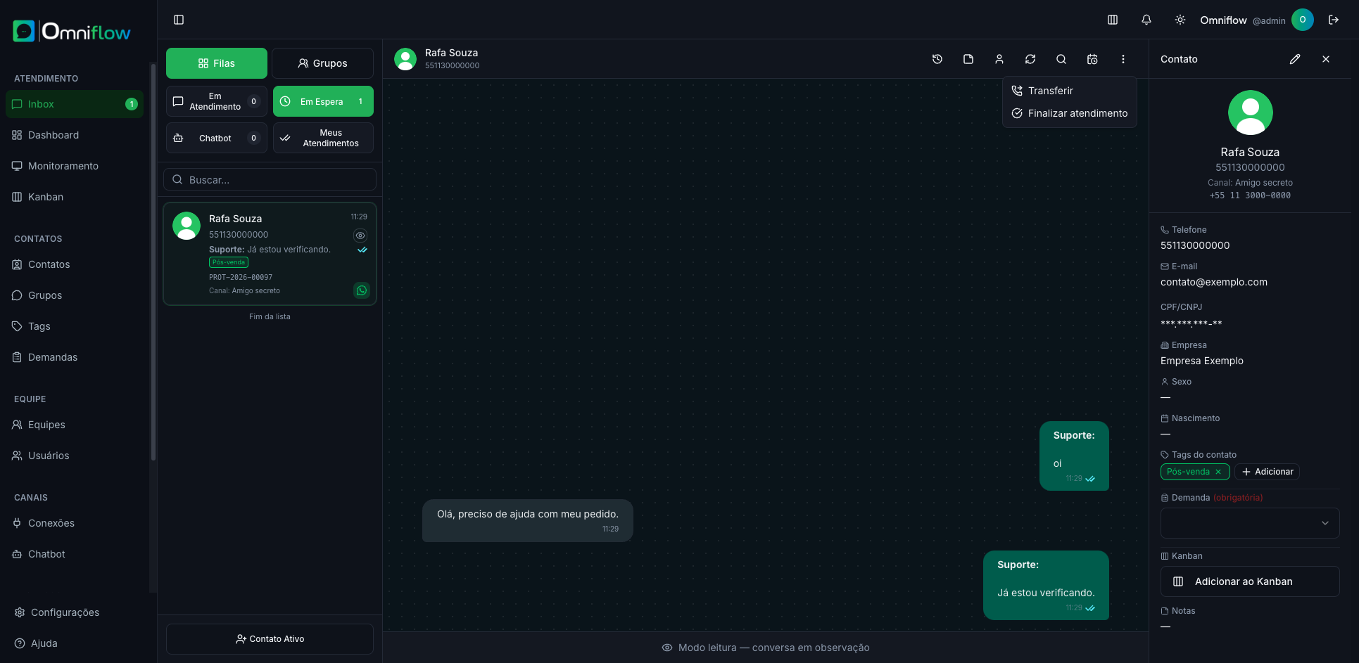 Menu do chat com Transferir e Finalizar atendimento