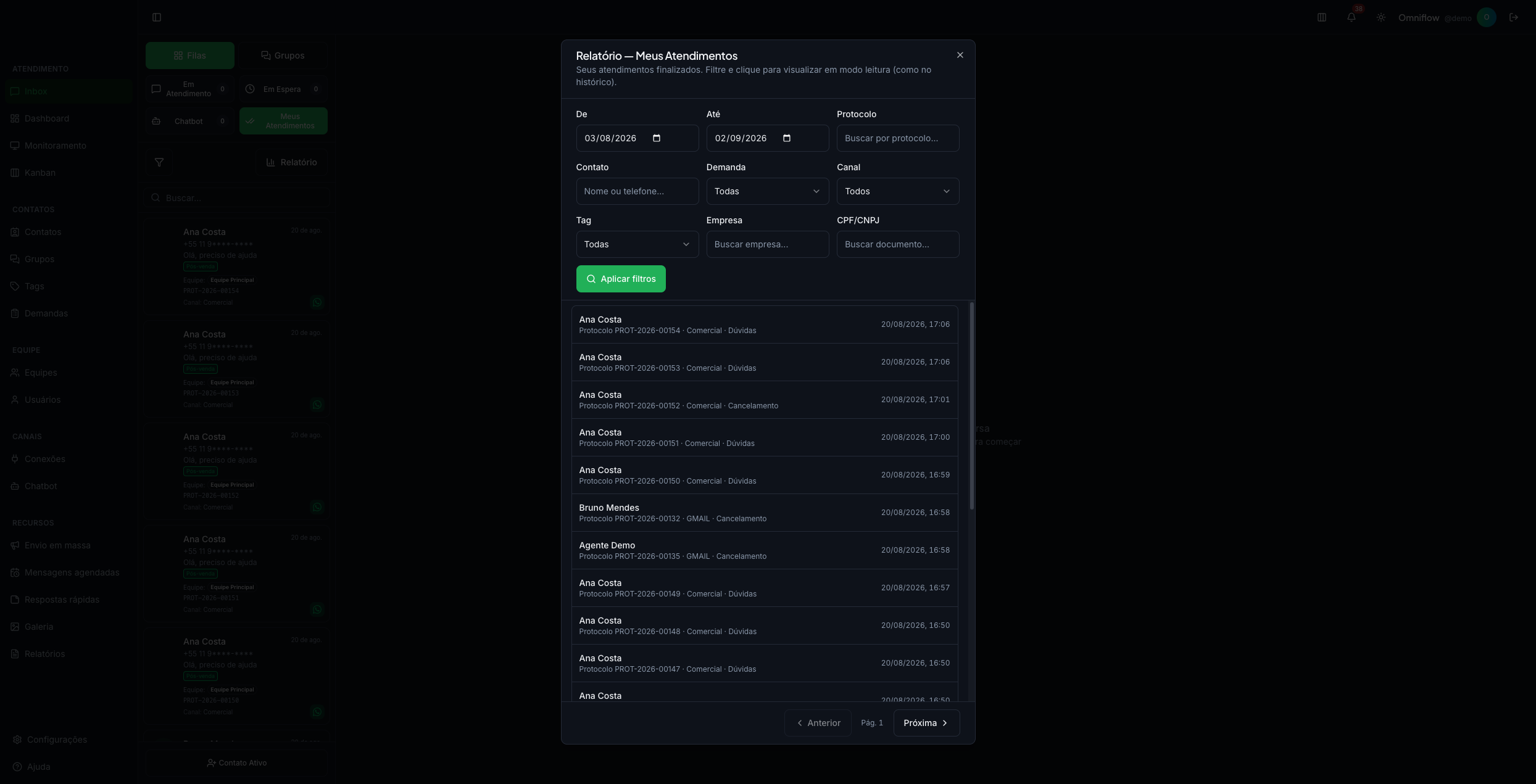 Filtros do relatório de atendimentos