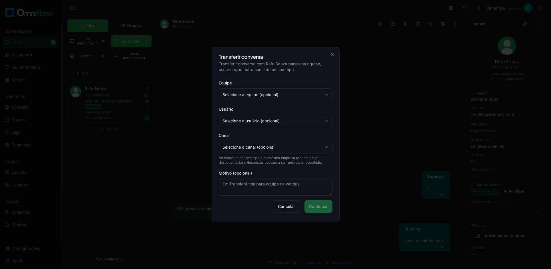 Diálogo Transferir conversa: equipe, usuário, canal e motivo