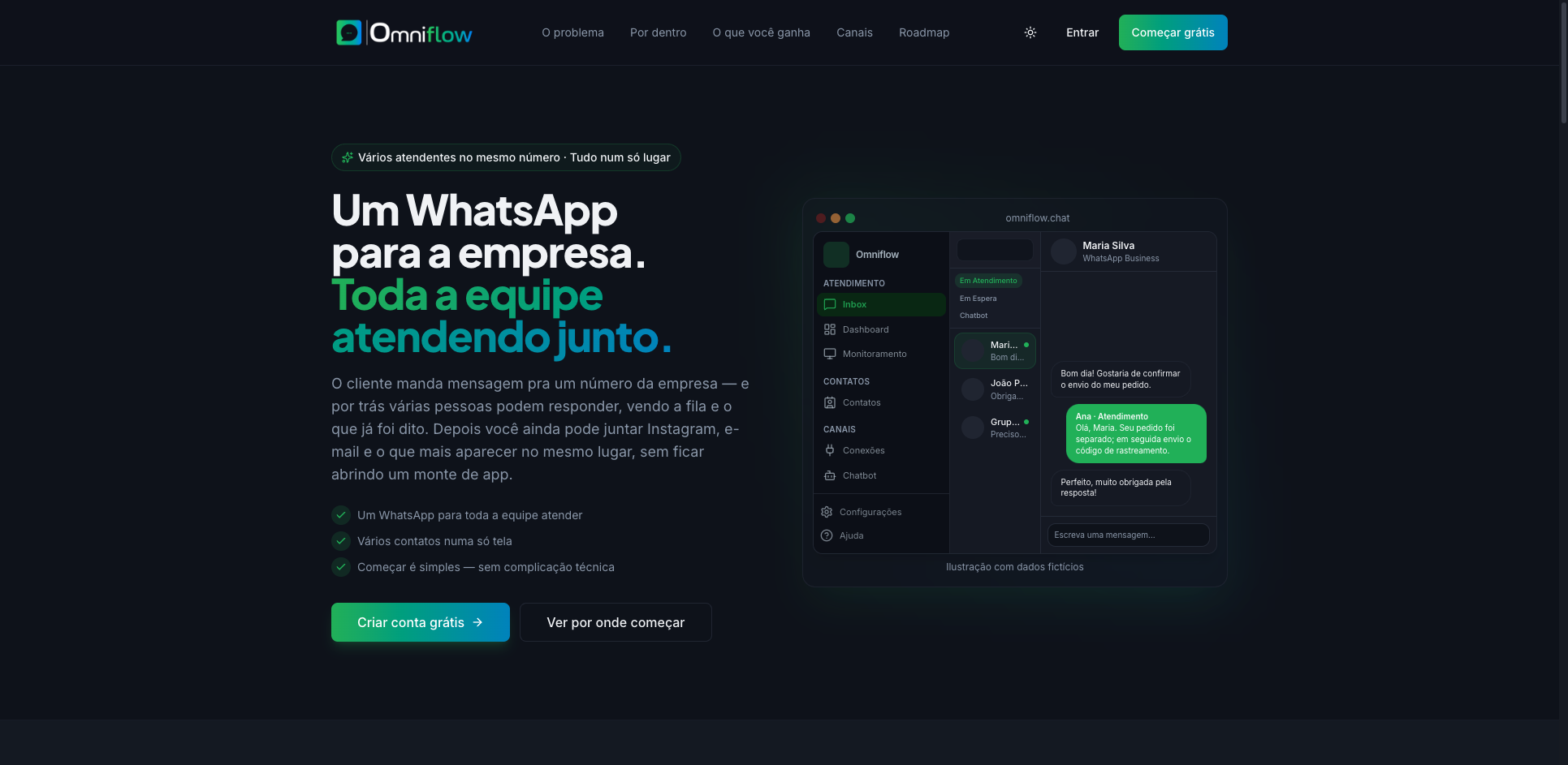 Página inicial do Omniflow com os botões Entrar e Criar conta grátis