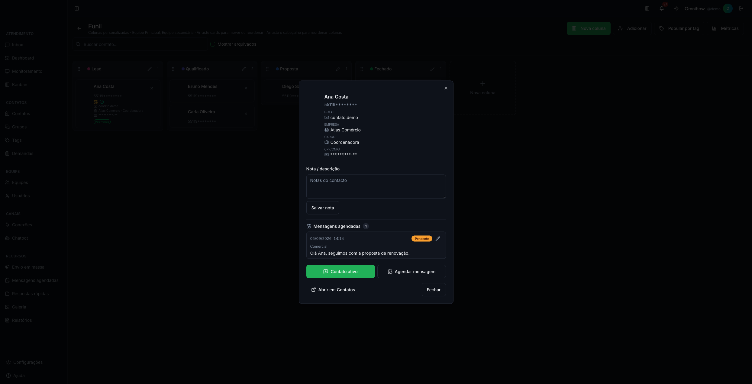 Ficha do card com lista de mensagens agendadas