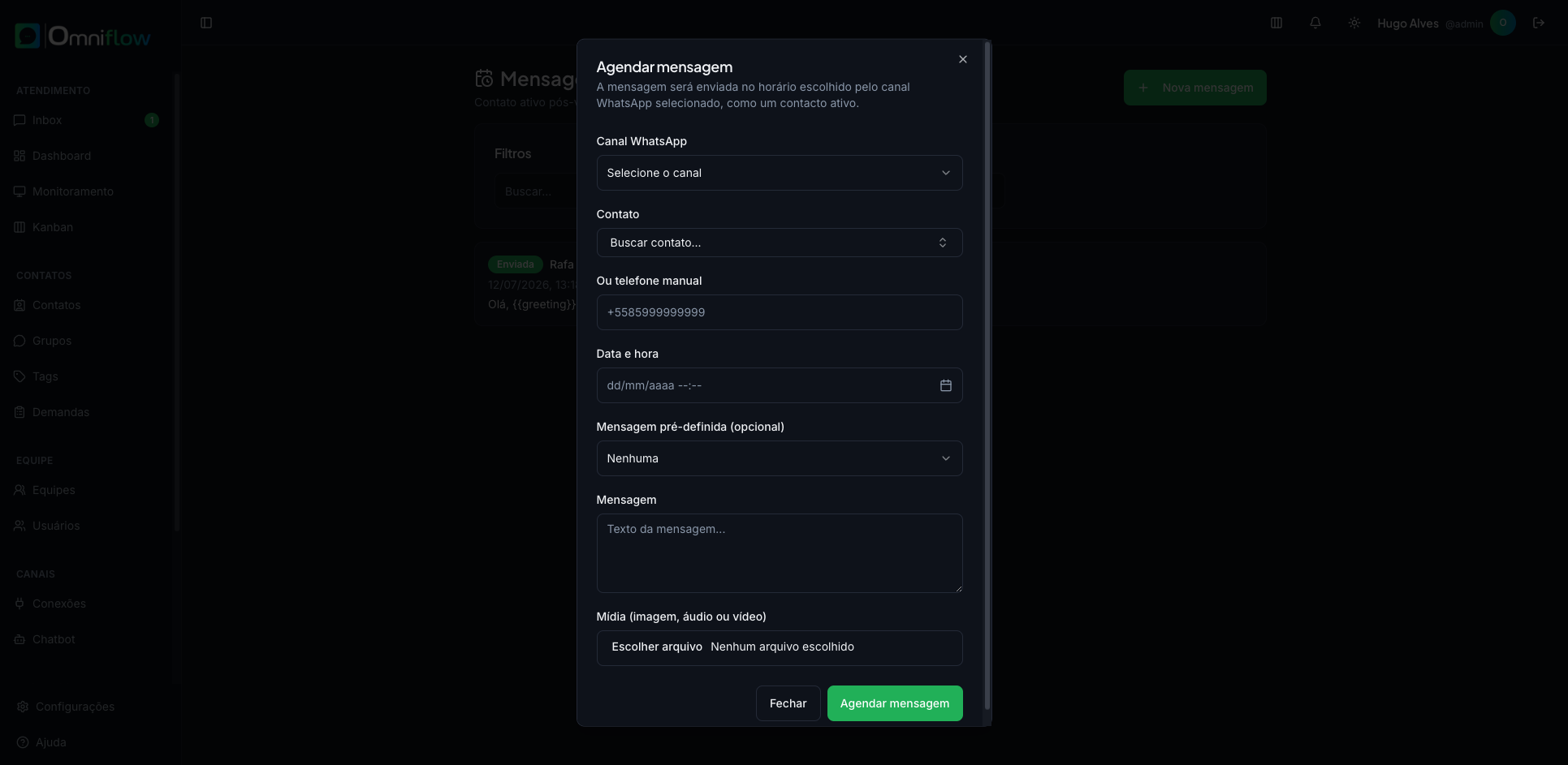 Agendar mensagem: canal, contato, data e conteúdo