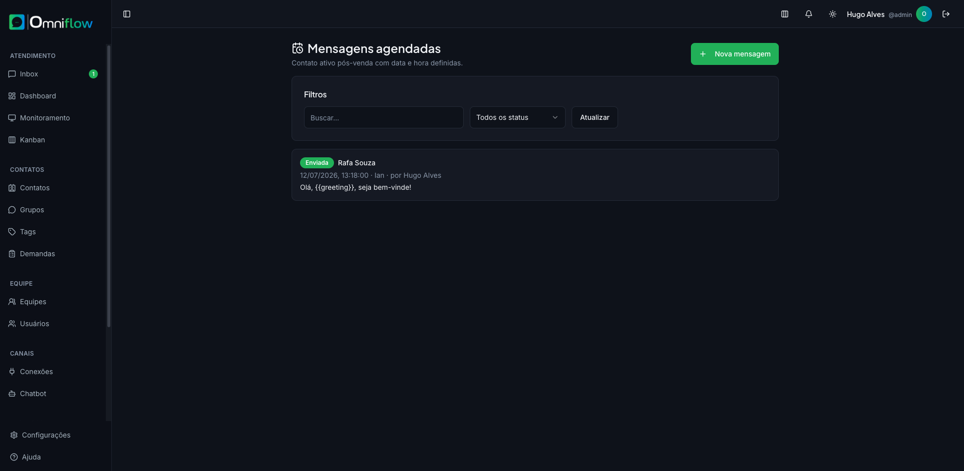 Lista de mensagens agendadas com filtros