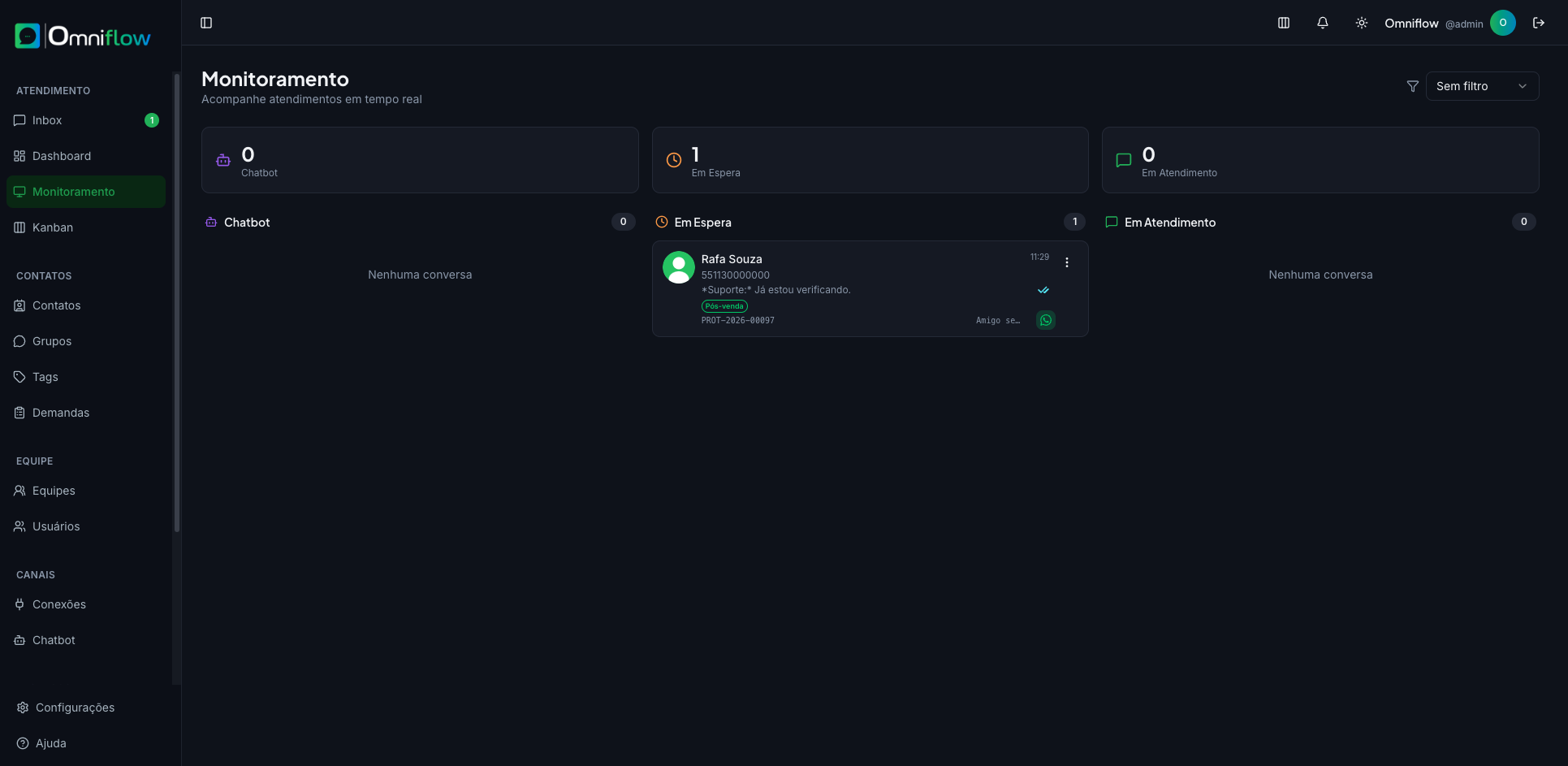 Monitoramento com colunas Chatbot, Em Espera e Em Atendimento
