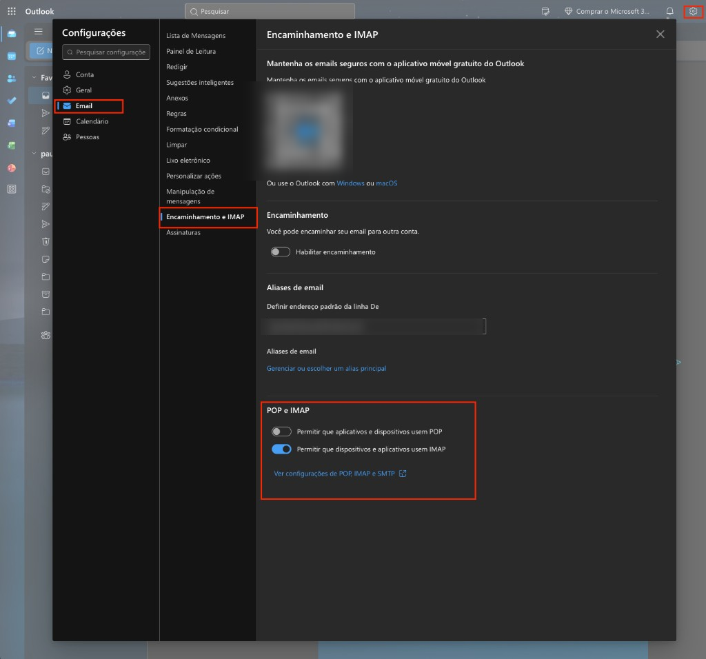 Outlook na web: IMAP ligado em Encaminhamento e IMAP