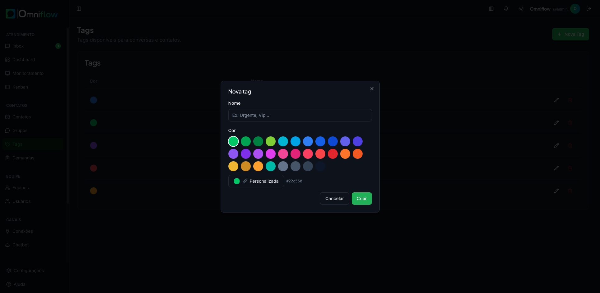 Diálogo Nova tag, com nome e paleta de cores