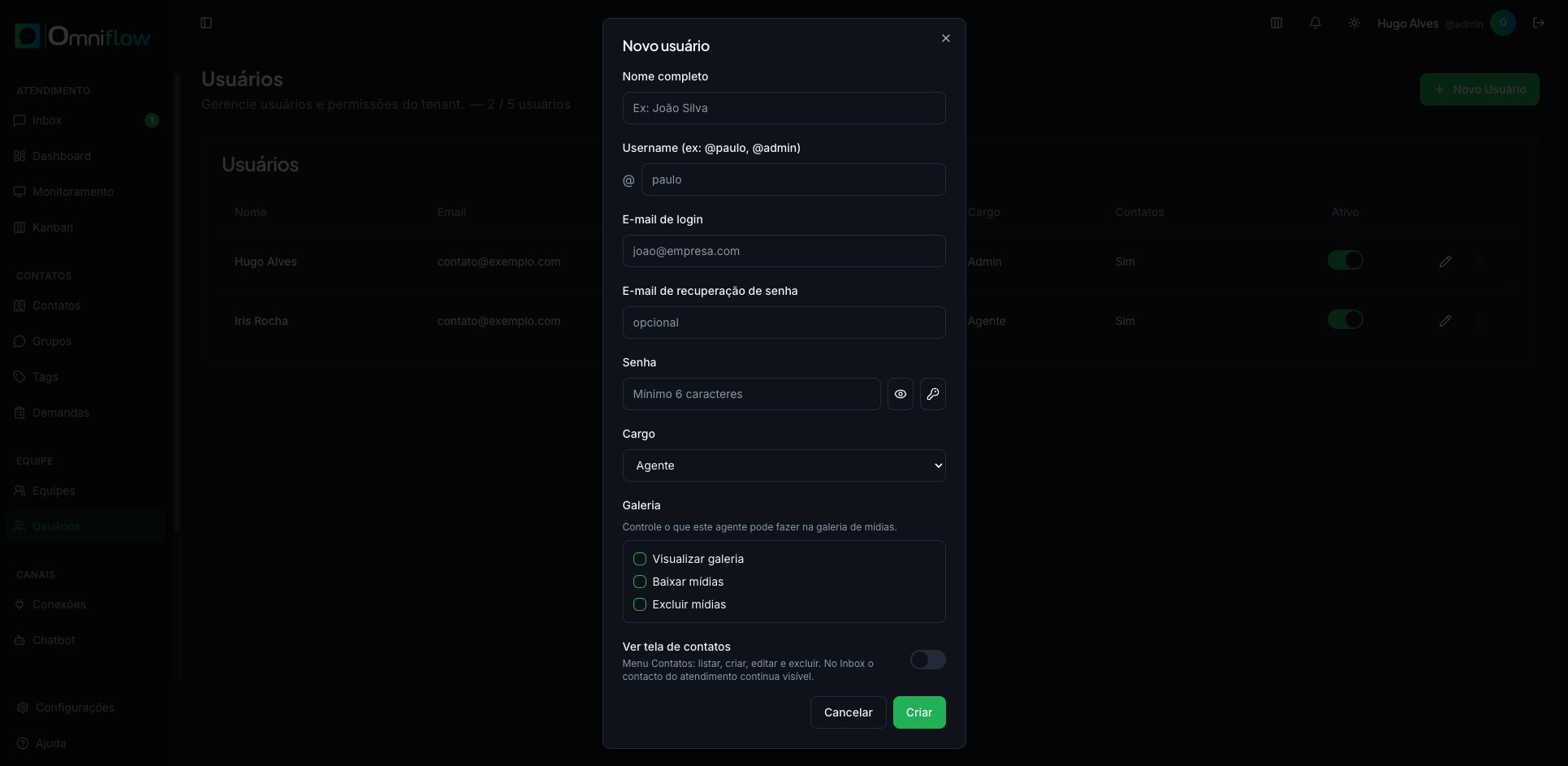 Diálogo Novo usuário: dados, senha, cargo e permissões